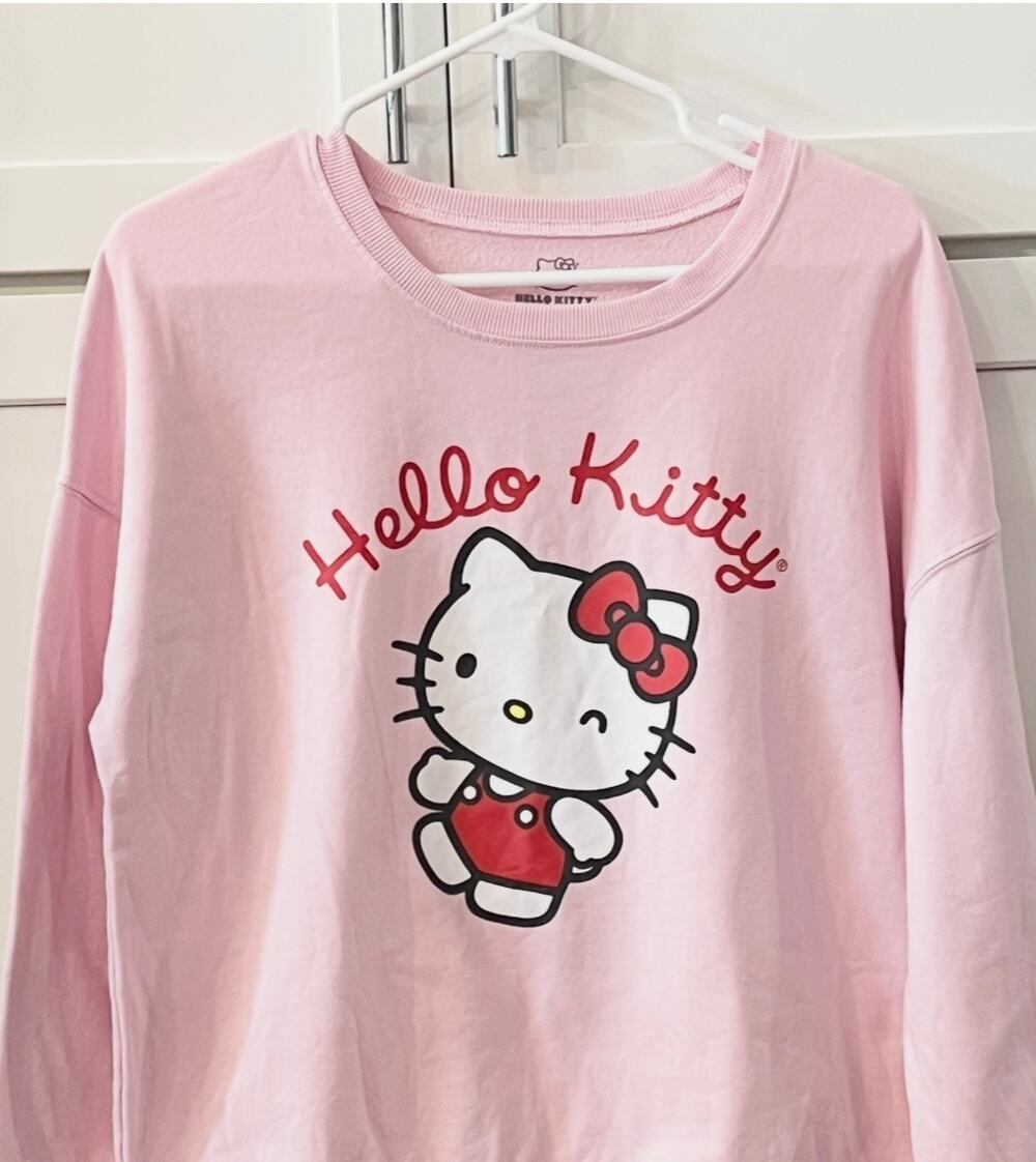 Hello Kitty by Sanrio Women's Sz M Pink Crewneck Sweatshirt Long Sleeve Red Bow